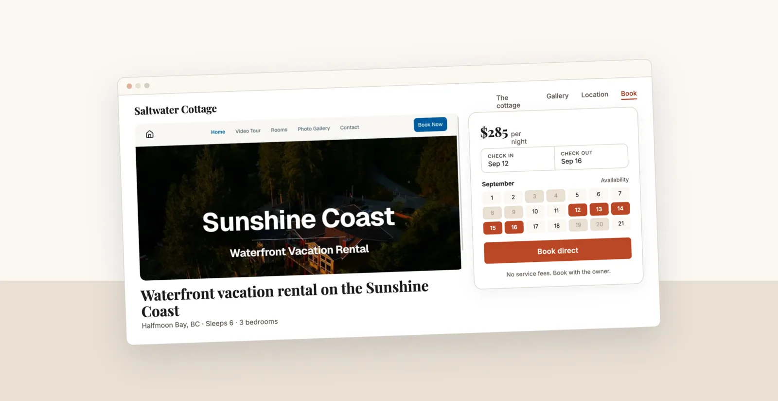 A direct booking website for a waterfront cottage, showing the property page beside a booking panel with a nightly rate, a live availability calendar, and a book direct button.
