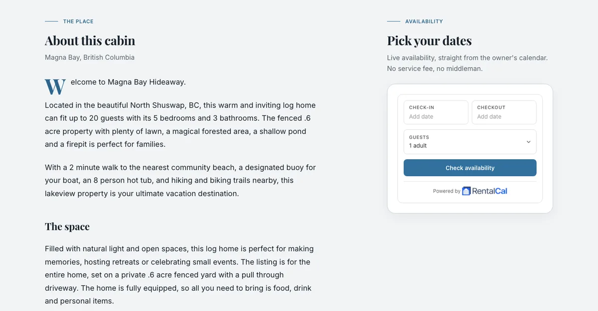 Magna Bay Hideaway booking section: the property description beside a Pick your dates panel with check-in, checkout, guests and a Check availability button.