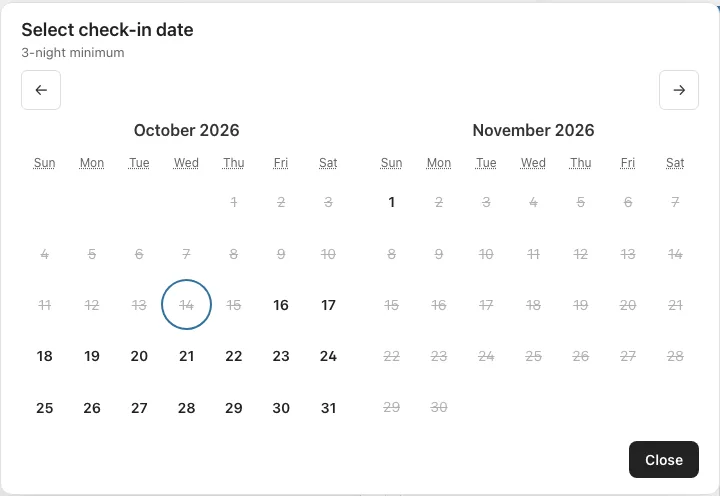 Magna Bay Hideaway check-in date picker showing two months, a three-night minimum, and unavailable dates struck through.