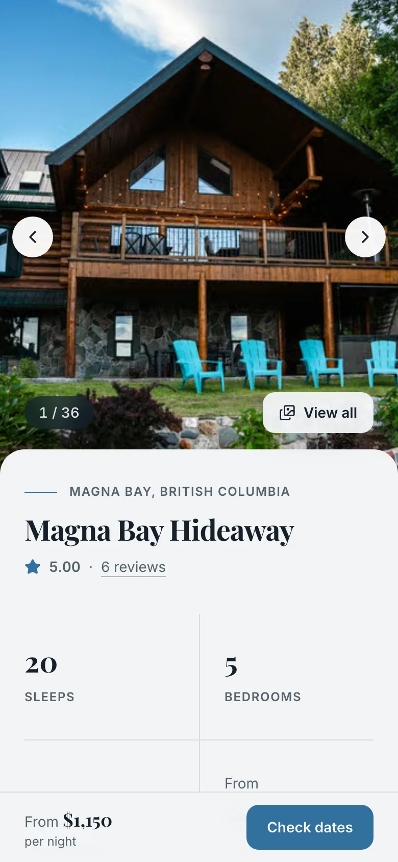 Magna Bay Hideaway on a phone: the photo gallery, the property name and rating, and a sticky bar with the nightly rate and a Check dates button.
