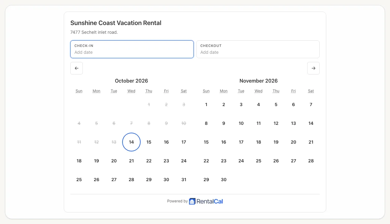 Waterfront Rental booking calendar showing October and November 2026, with booked dates struck through and open dates selectable.