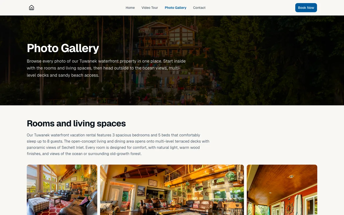 Waterfront Rental photo gallery page: a heading, a paragraph about the rooms, and a row of interior photos.