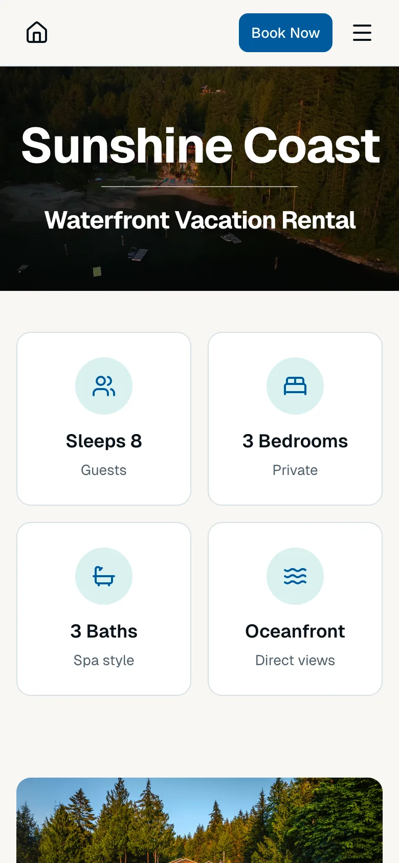 Waterfront Rental on a phone: the title over the aerial photo, then four cards for sleeps 8, 3 bedrooms, 3 baths and oceanfront.