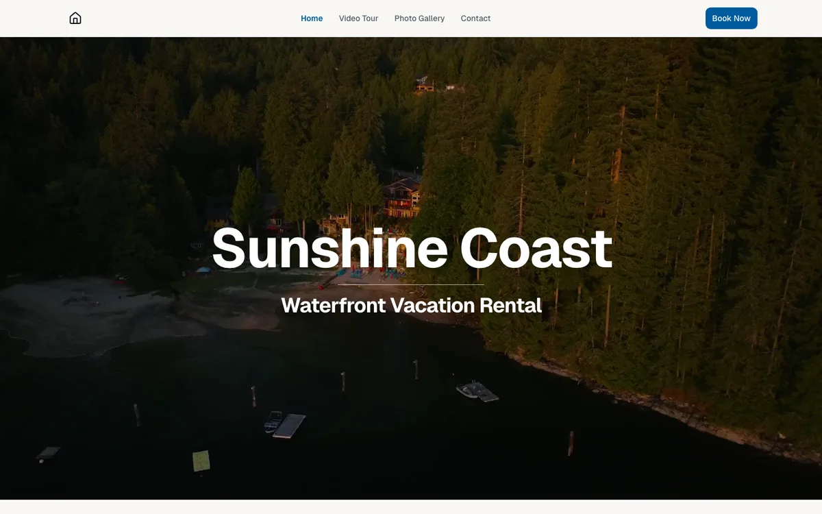 Waterfront Rental homepage on desktop: an aerial photo of the Sunshine Coast inlet at sunset with the property name over it and a Book Now button in the header.